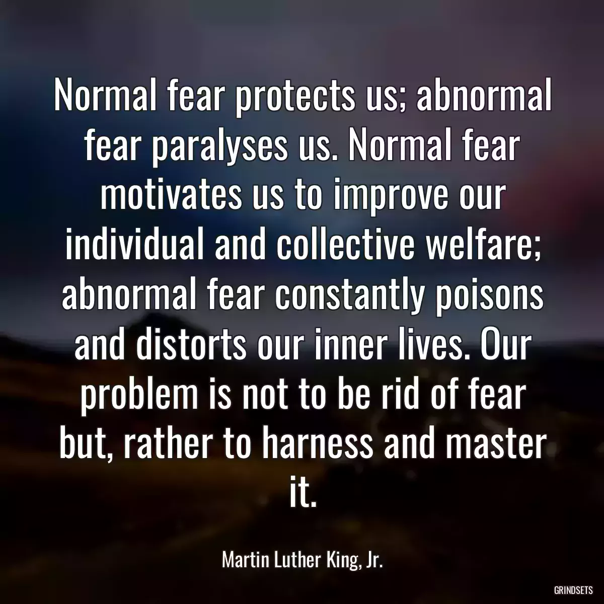 Normal fear protects us; abnormal fear paralyses us. Normal fear motivates us to improve our individual and collective welfare; abnormal fear constantly poisons and distorts our inner lives. Our problem is not to be rid of fear but, rather to harness and master it.