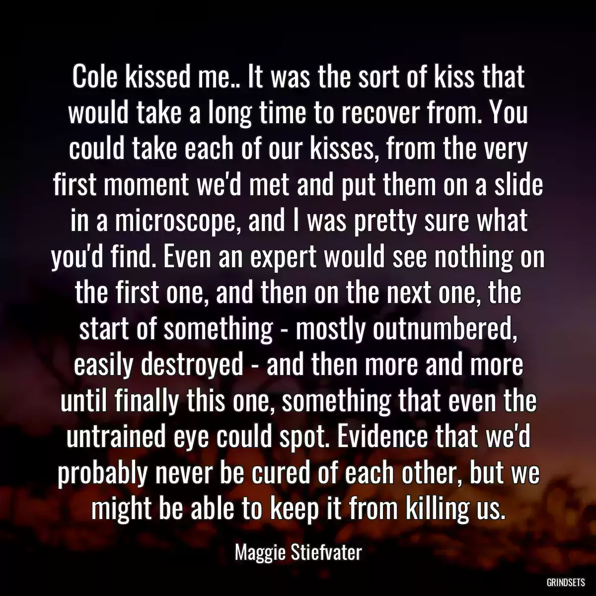 Cole kissed me.. It was the sort of kiss that would take a long time to recover from. You could take each of our kisses, from the very first moment we\'d met and put them on a slide in a microscope, and I was pretty sure what you\'d find. Even an expert would see nothing on the first one, and then on the next one, the start of something - mostly outnumbered, easily destroyed - and then more and more until finally this one, something that even the untrained eye could spot. Evidence that we\'d probably never be cured of each other, but we might be able to keep it from killing us.