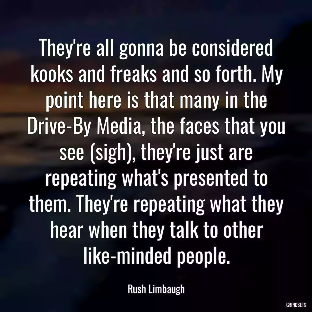 They\'re all gonna be considered kooks and freaks and so forth. My point here is that many in the Drive-By Media, the faces that you see (sigh), they\'re just are repeating what\'s presented to them. They\'re repeating what they hear when they talk to other like-minded people.