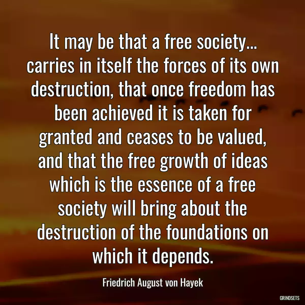 It may be that a free society... carries in itself the forces of its own destruction, that once freedom has been achieved it is taken for granted and ceases to be valued, and that the free growth of ideas which is the essence of a free society will bring about the destruction of the foundations on which it depends.