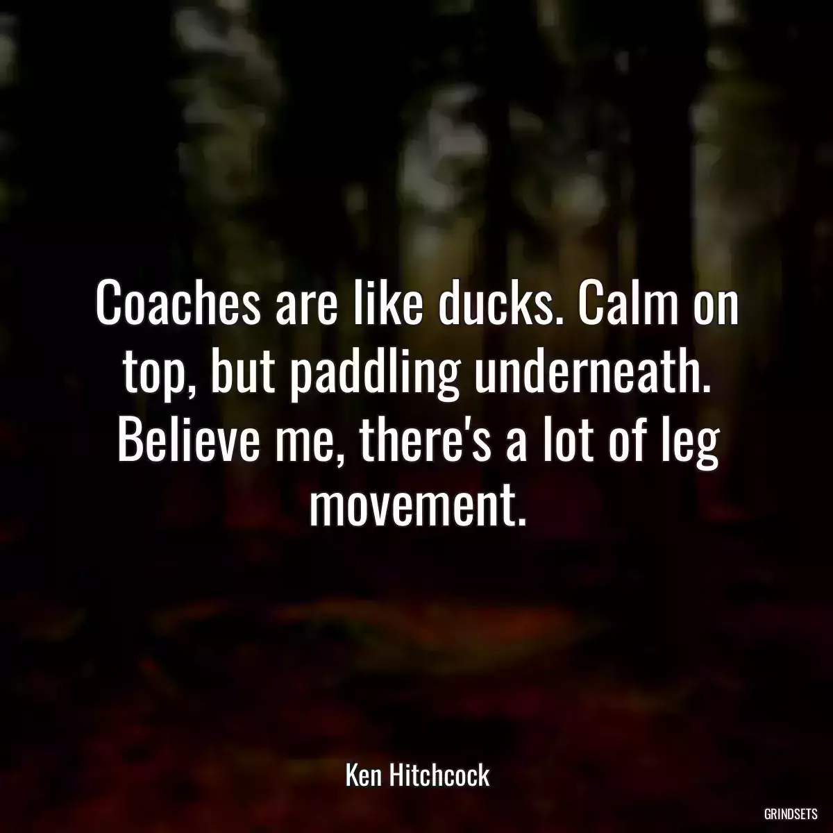 Coaches are like ducks. Calm on top, but paddling underneath. Believe me, there\'s a lot of leg movement.