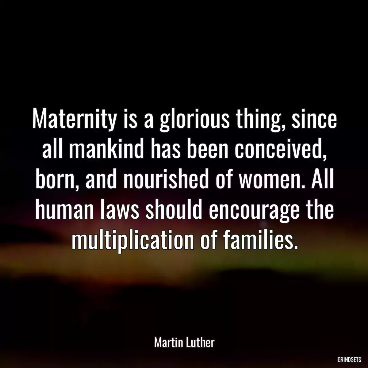 Maternity is a glorious thing, since all mankind has been conceived, born, and nourished of women. All human laws should encourage the multiplication of families.