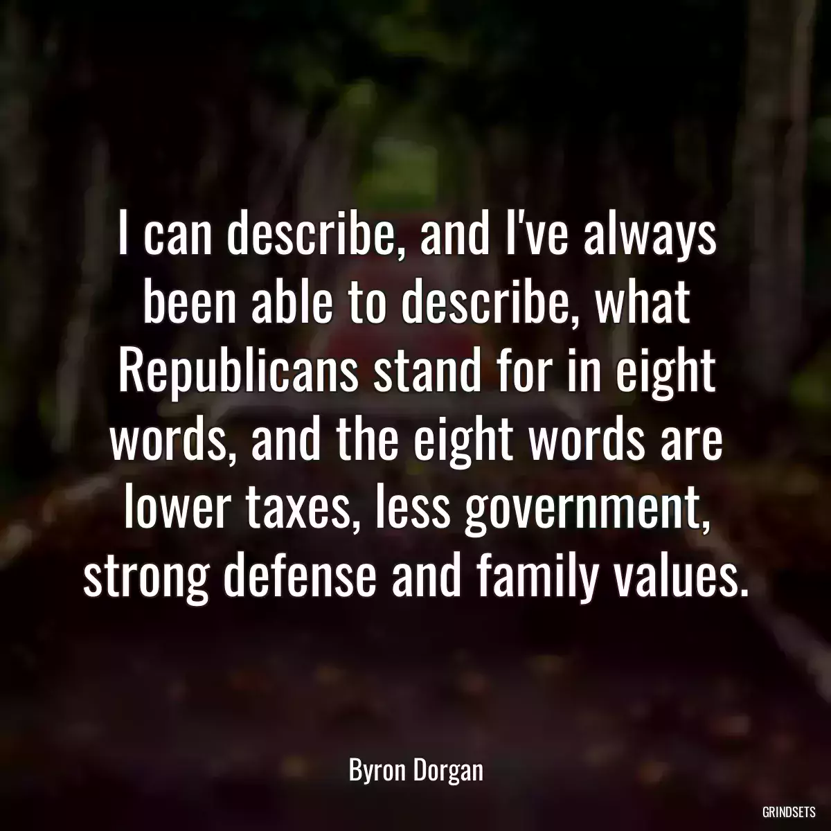 I can describe, and I\'ve always been able to describe, what Republicans stand for in eight words, and the eight words are lower taxes, less government, strong defense and family values.