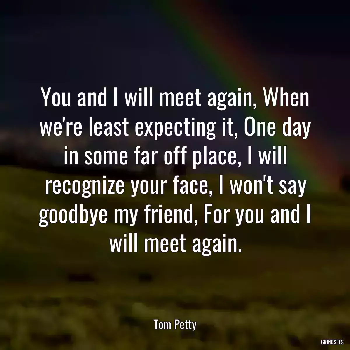 You and I will meet again, When we\'re least expecting it, One day in some far off place, I will recognize your face, I won\'t say goodbye my friend, For you and I will meet again.