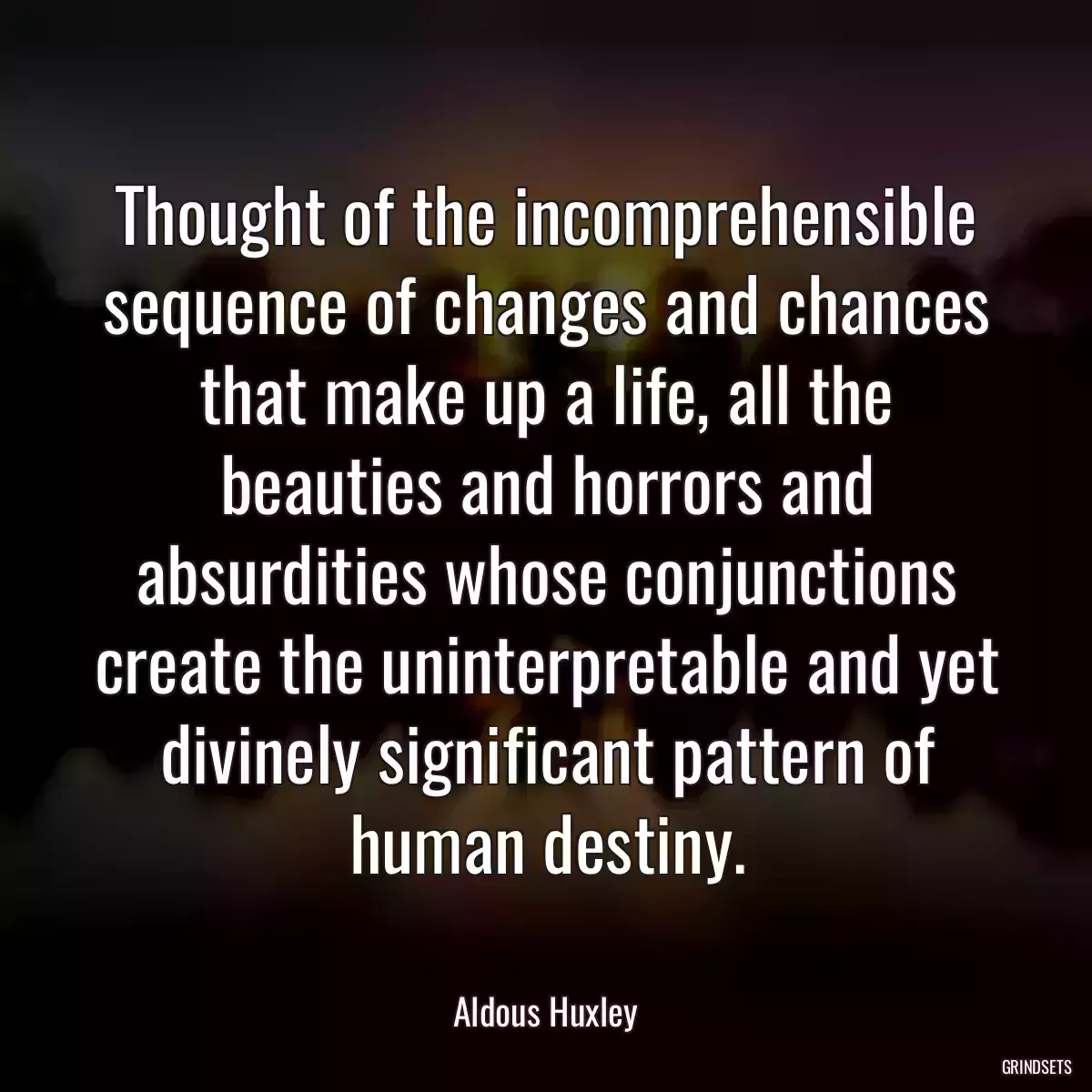 Thought of the incomprehensible sequence of changes and chances that make up a life, all the beauties and horrors and absurdities whose conjunctions create the uninterpretable and yet divinely significant pattern of human destiny.