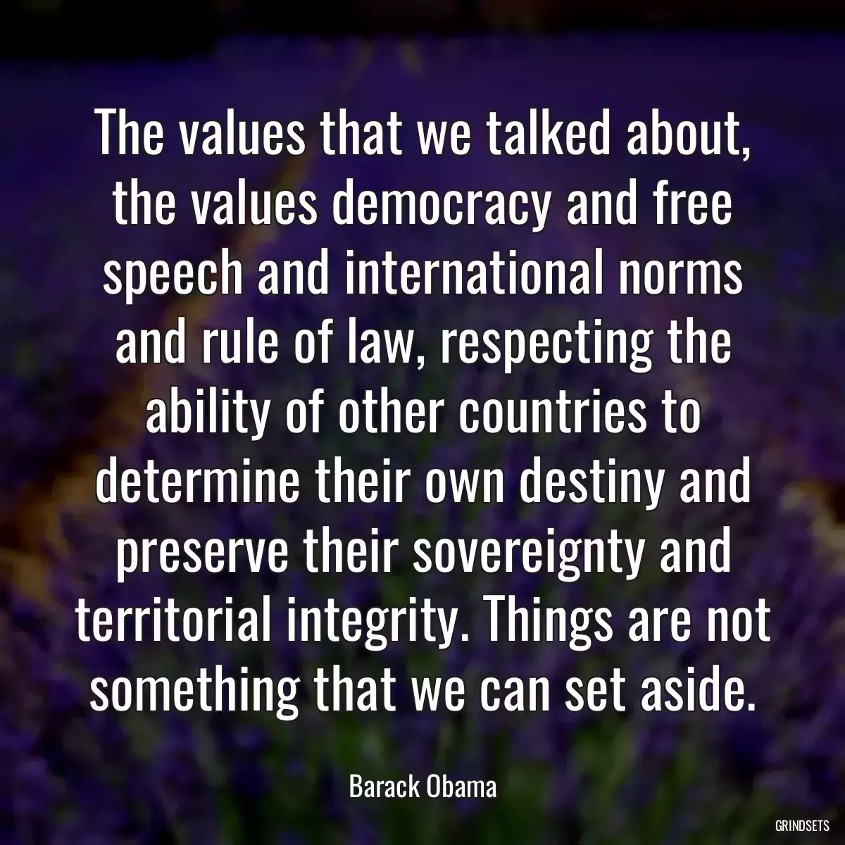 The values that we talked about, the values democracy and free speech and international norms and rule of law, respecting the ability of other countries to determine their own destiny and preserve their sovereignty and territorial integrity. Things are not something that we can set aside.