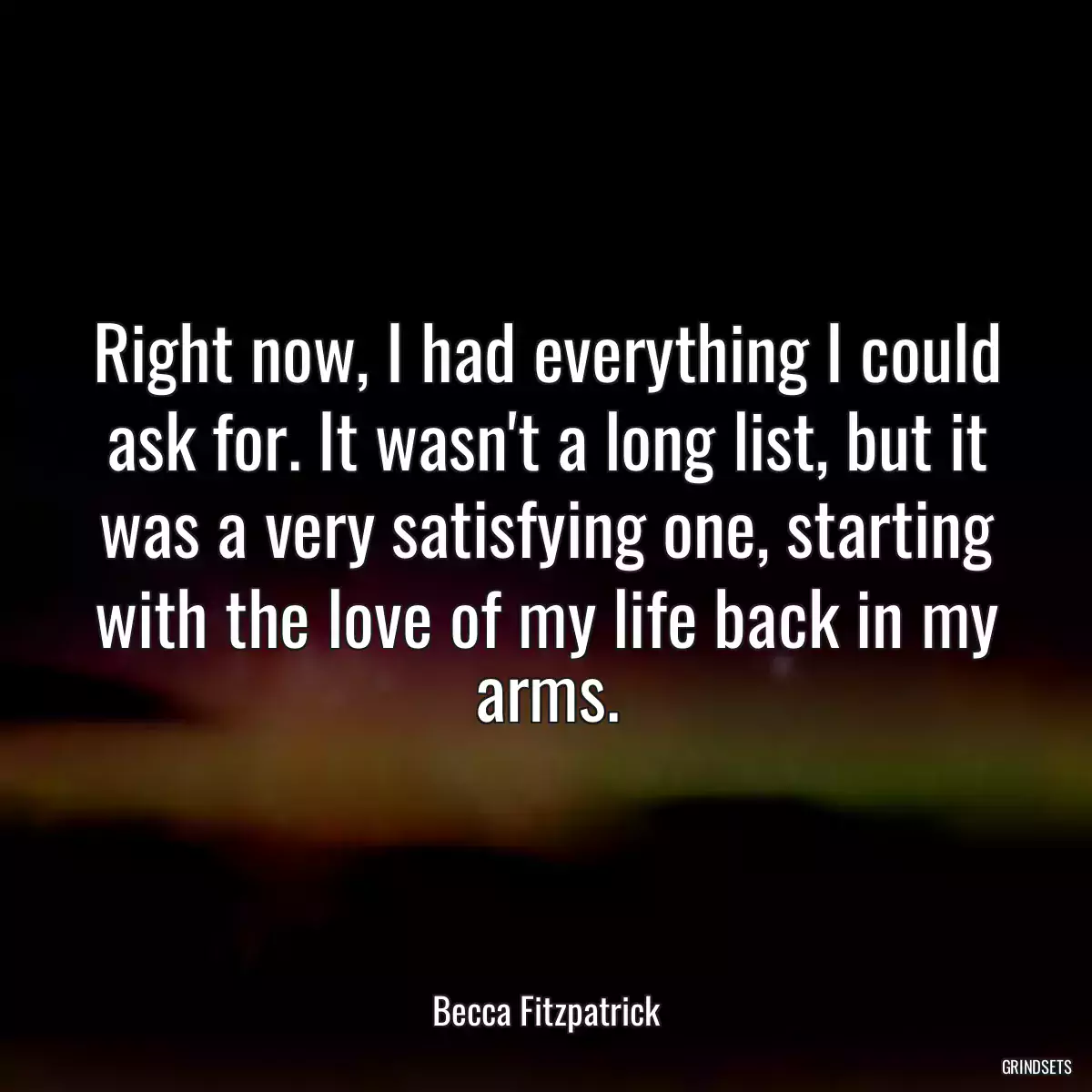 Right now, I had everything I could ask for. It wasn\'t a long list, but it was a very satisfying one, starting with the love of my life back in my arms.