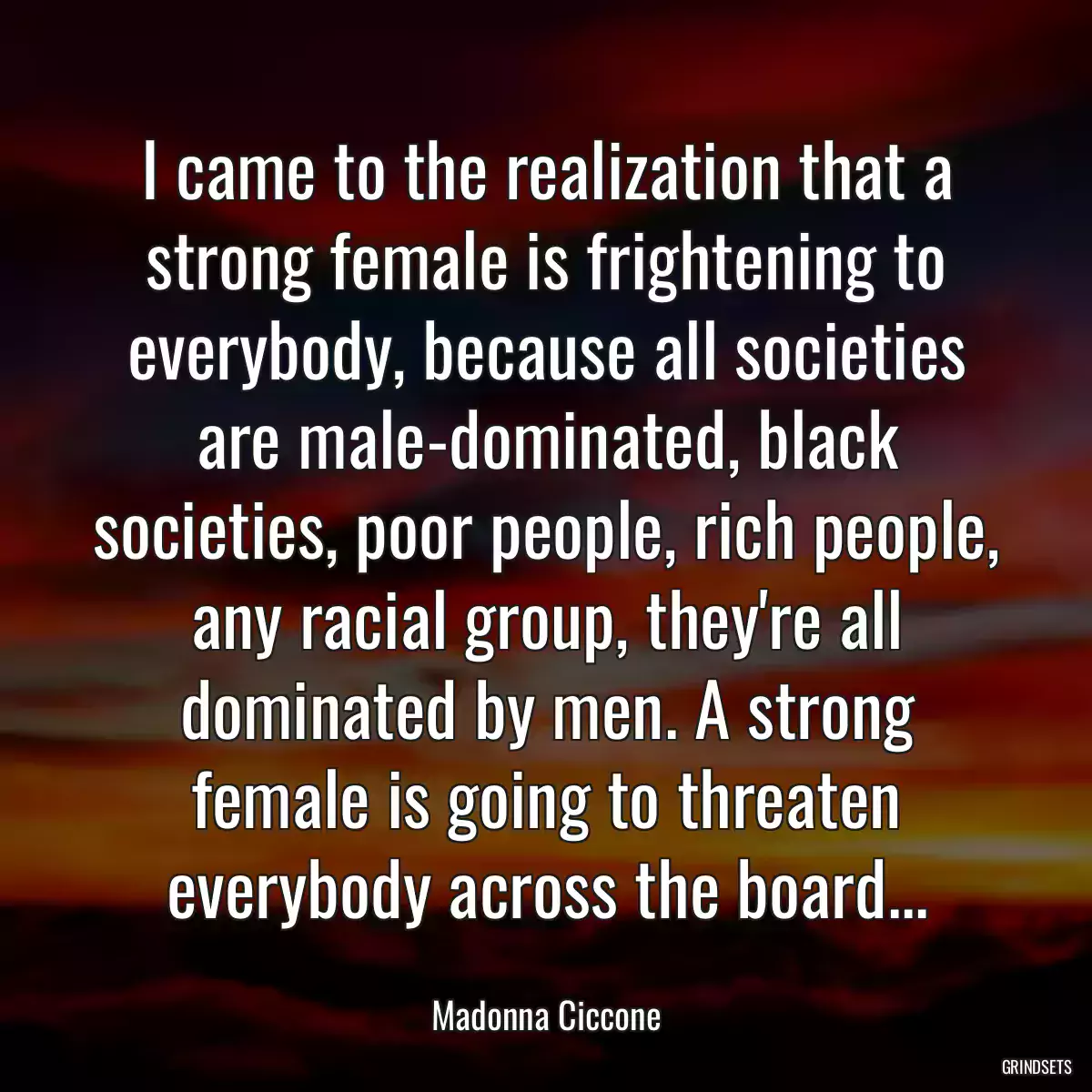 I came to the realization that a strong female is frightening to everybody, because all societies are male-dominated, black societies, poor people, rich people, any racial group, they\'re all dominated by men. A strong female is going to threaten everybody across the board...