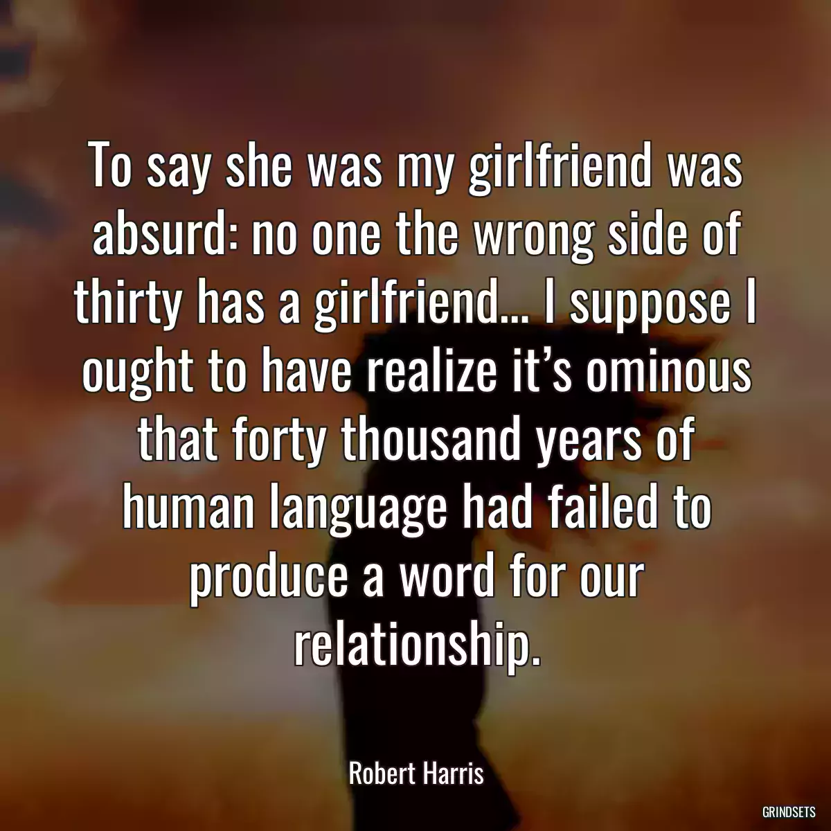 To say she was my girlfriend was absurd: no one the wrong side of thirty has a girlfriend… I suppose I ought to have realize it’s ominous that forty thousand years of human language had failed to produce a word for our relationship.