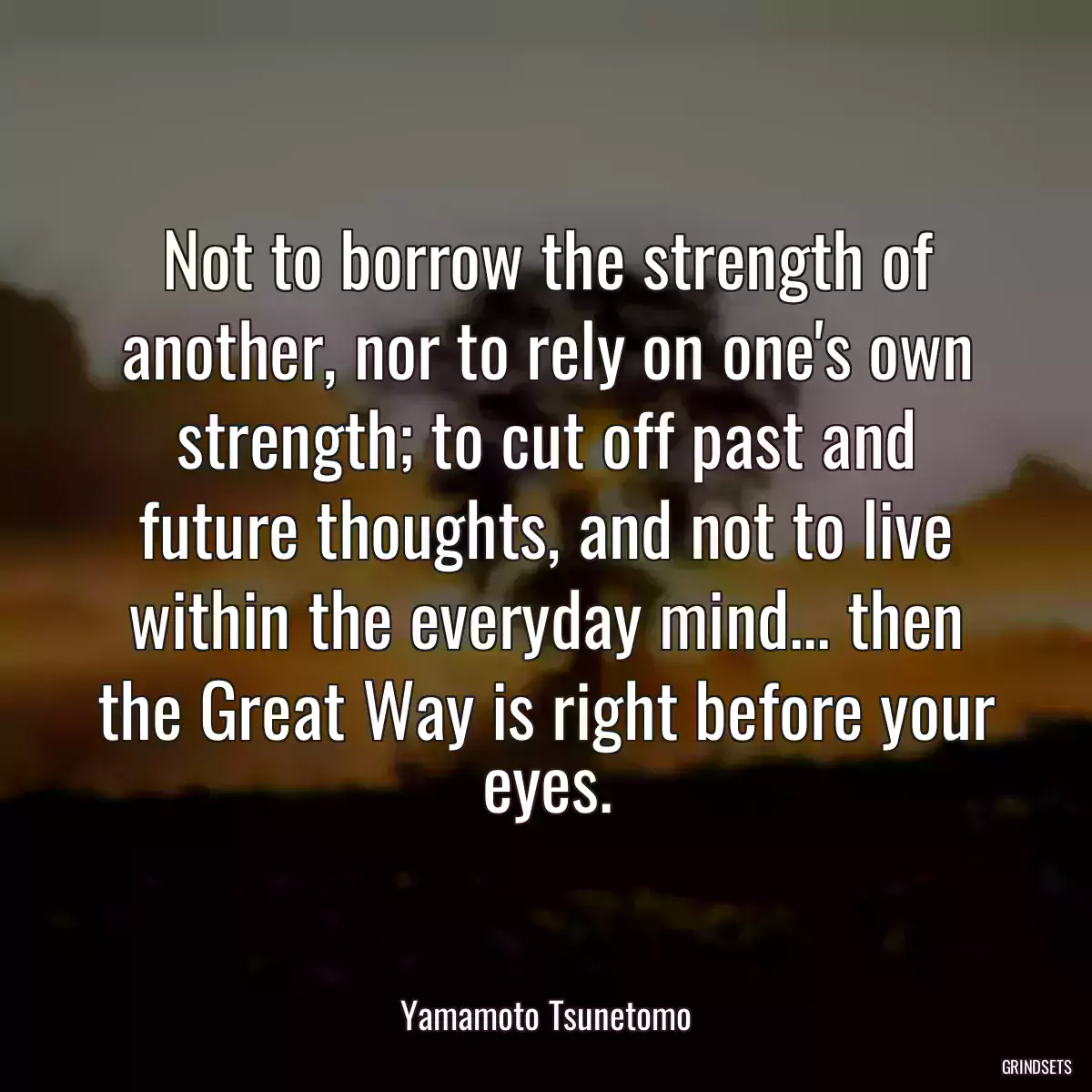 Not to borrow the strength of another, nor to rely on one\'s own strength; to cut off past and future thoughts, and not to live within the everyday mind... then the Great Way is right before your eyes.