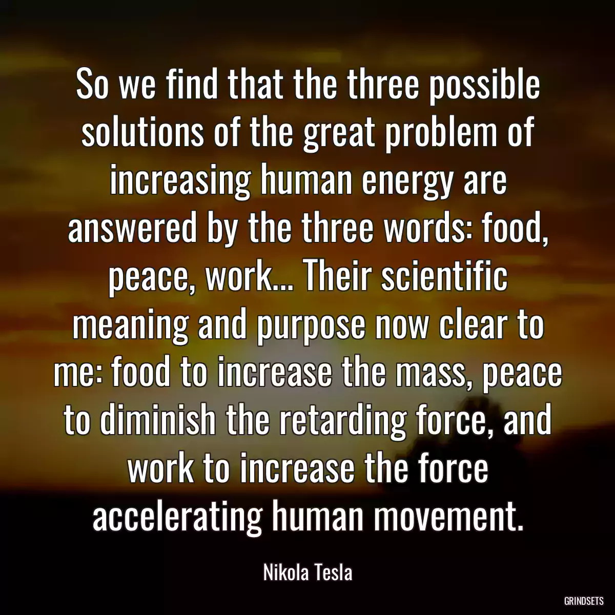 So we find that the three possible solutions of the great problem of increasing human energy are answered by the three words: food, peace, work... Their scientific meaning and purpose now clear to me: food to increase the mass, peace to diminish the retarding force, and work to increase the force accelerating human movement.