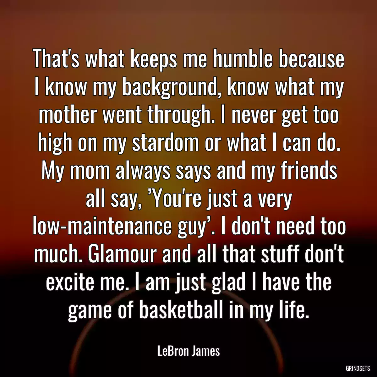 That\'s what keeps me humble because I know my background, know what my mother went through. I never get too high on my stardom or what I can do. My mom always says and my friends all say, ’You\'re just a very low-maintenance guy’. I don\'t need too much. Glamour and all that stuff don\'t excite me. I am just glad I have the game of basketball in my life.