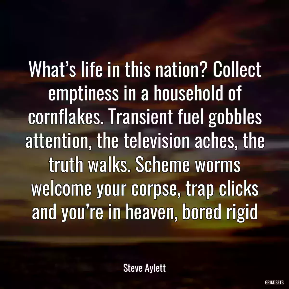 What’s life in this nation? Collect emptiness in a household of cornflakes. Transient fuel gobbles attention, the television aches, the truth walks. Scheme worms welcome your corpse, trap clicks and you’re in heaven, bored rigid