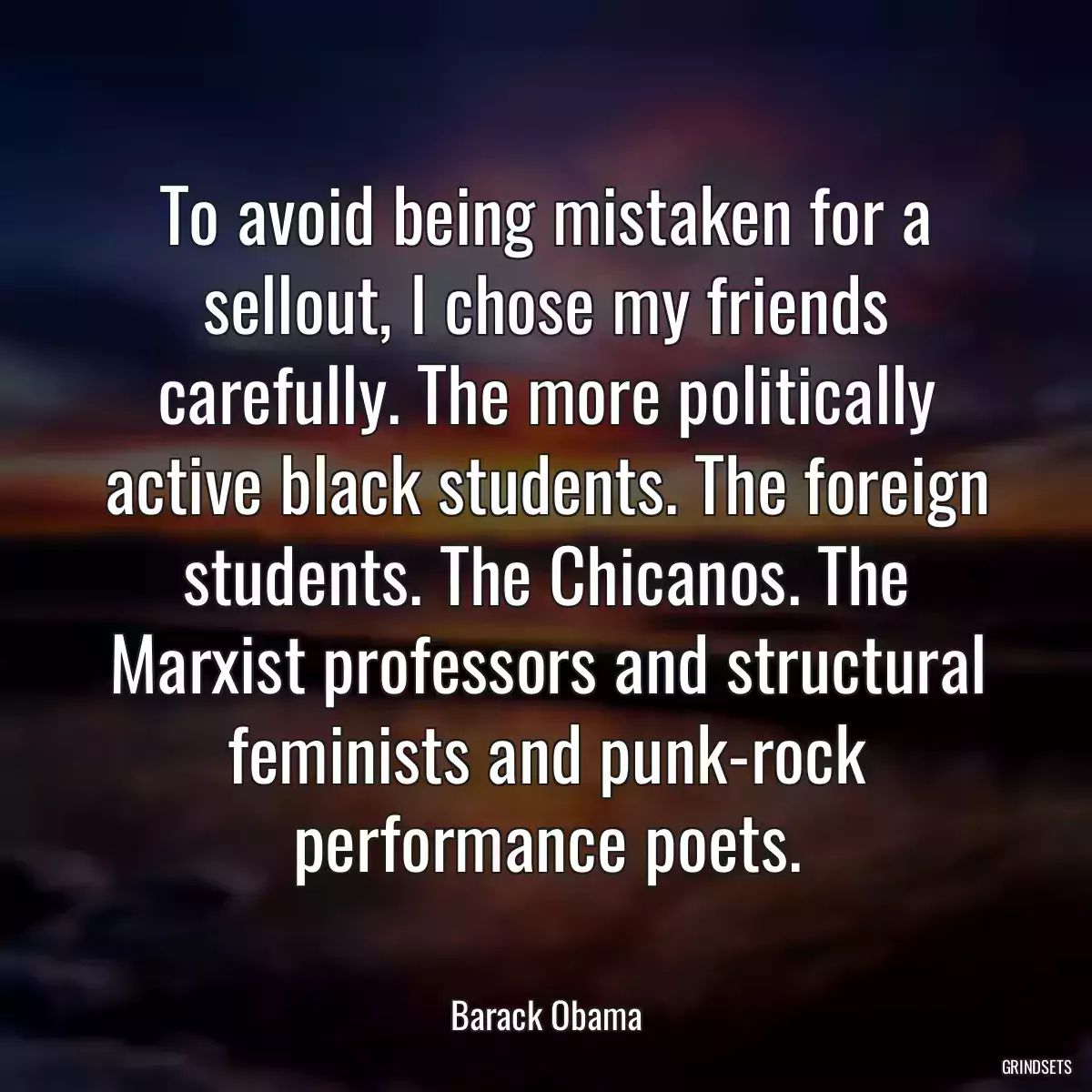 To avoid being mistaken for a sellout, I chose my friends carefully. The more politically active black students. The foreign students. The Chicanos. The Marxist professors and structural feminists and punk-rock performance poets.