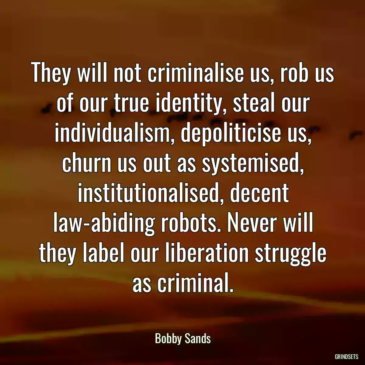 They will not criminalise us, rob us of our true identity, steal our individualism, depoliticise us, churn us out as systemised, institutionalised, decent law-abiding robots. Never will they label our liberation struggle as criminal.