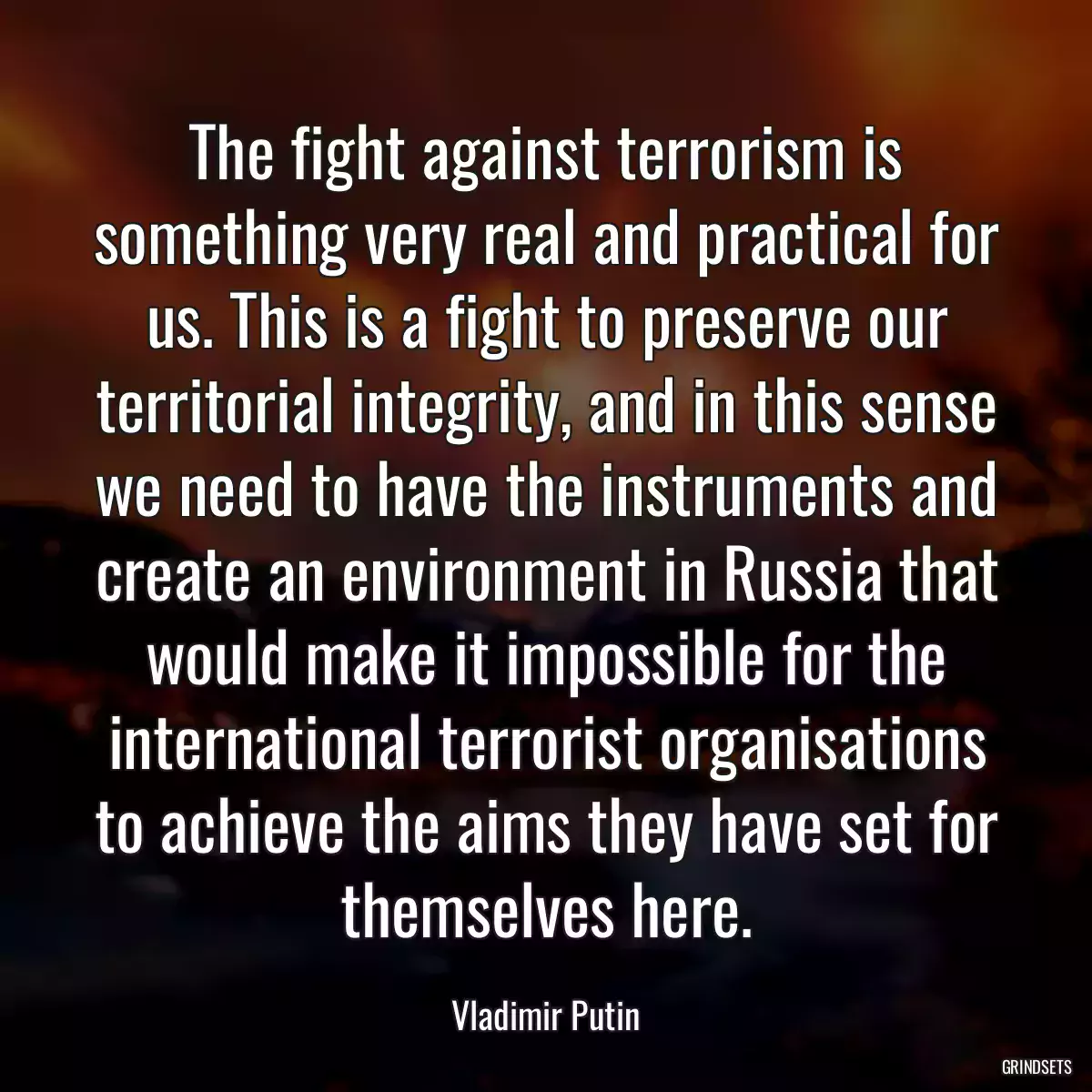 The fight against terrorism is something very real and practical for us. This is a fight to preserve our territorial integrity, and in this sense we need to have the instruments and create an environment in Russia that would make it impossible for the international terrorist organisations to achieve the aims they have set for themselves here.