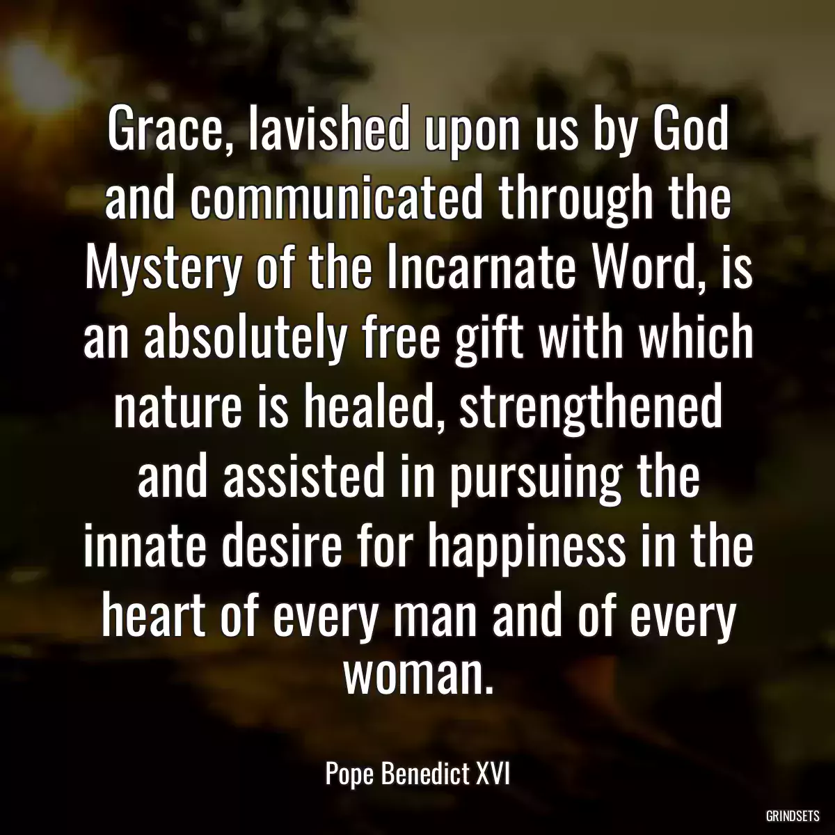 Grace, lavished upon us by God and communicated through the Mystery of the Incarnate Word, is an absolutely free gift with which nature is healed, strengthened and assisted in pursuing the innate desire for happiness in the heart of every man and of every woman.