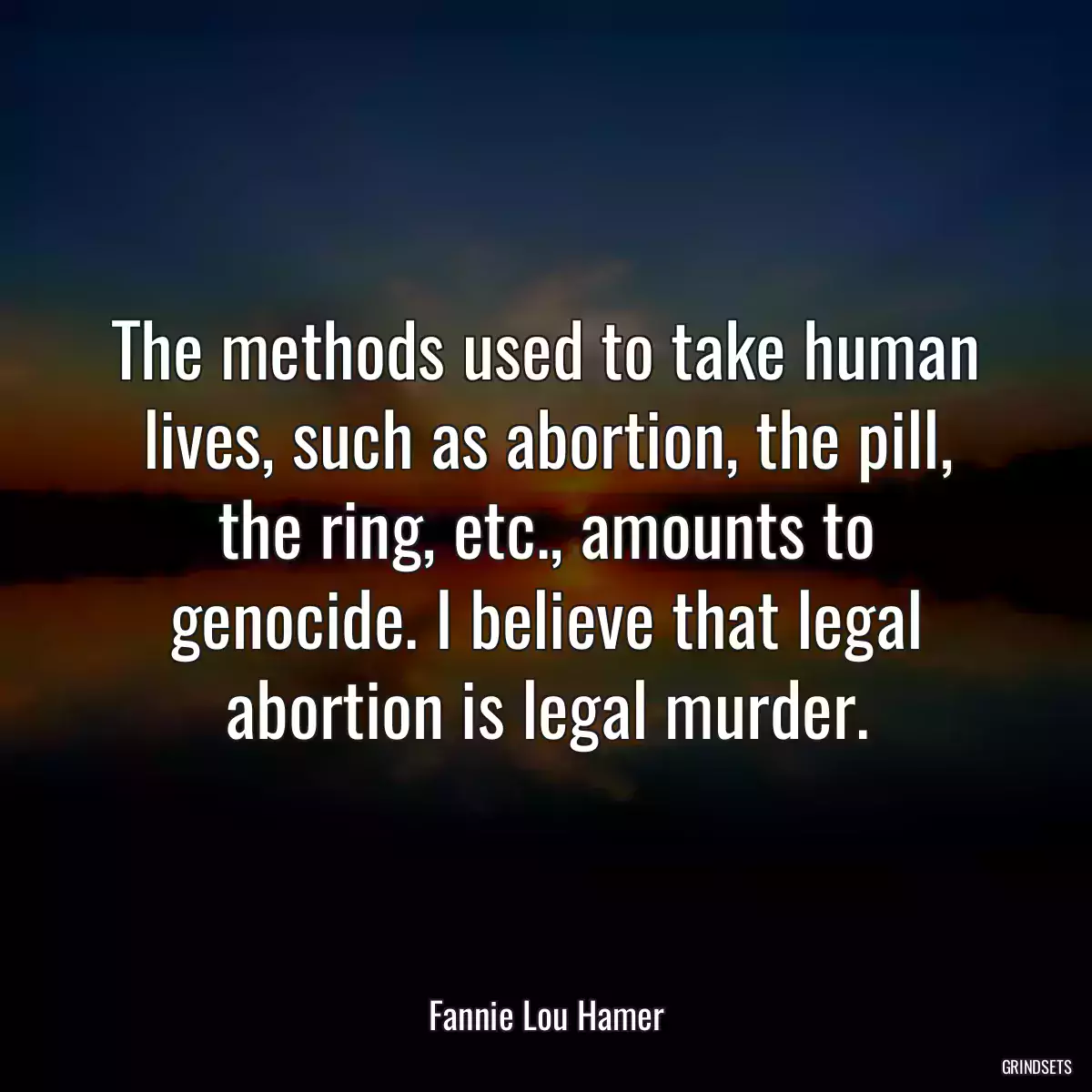 The methods used to take human lives, such as abortion, the pill, the ring, etc., amounts to genocide. I believe that legal abortion is legal murder.