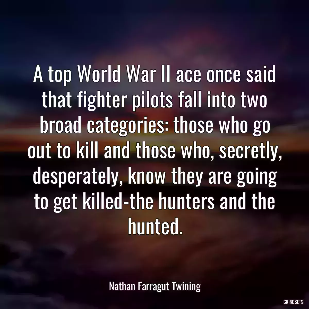 A top World War II ace once said that fighter pilots fall into two broad categories: those who go out to kill and those who, secretly, desperately, know they are going to get killed-the hunters and the hunted.