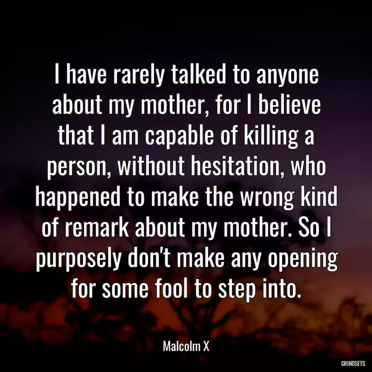 I have rarely talked to anyone about my mother, for I believe that I am capable of killing a person, without hesitation, who happened to make the wrong kind of remark about my mother. So I purposely don\'t make any opening for some fool to step into.