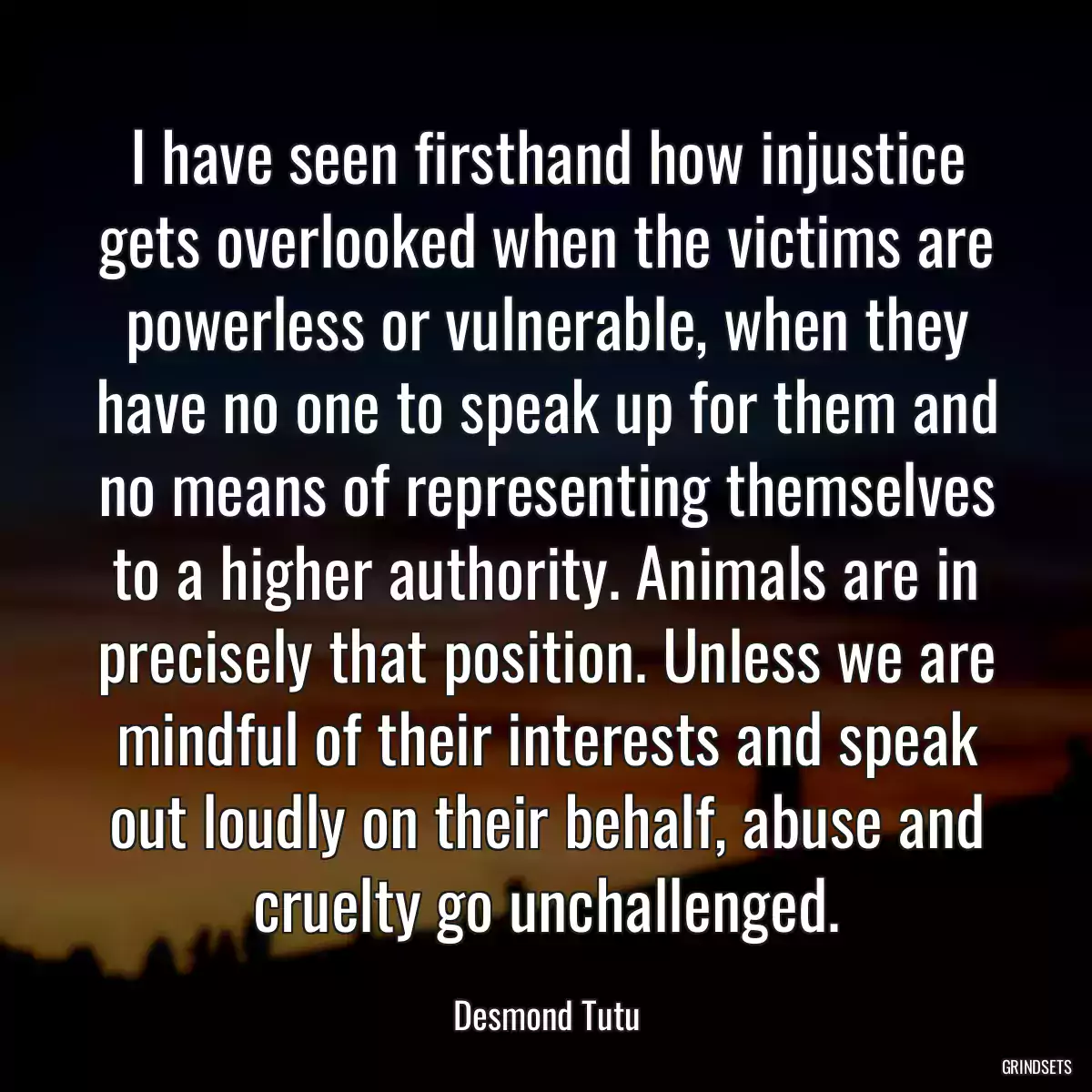 I have seen firsthand how injustice gets overlooked when the victims are powerless or vulnerable, when they have no one to speak up for them and no means of representing themselves to a higher authority. Animals are in precisely that position. Unless we are mindful of their interests and speak out loudly on their behalf, abuse and cruelty go unchallenged.