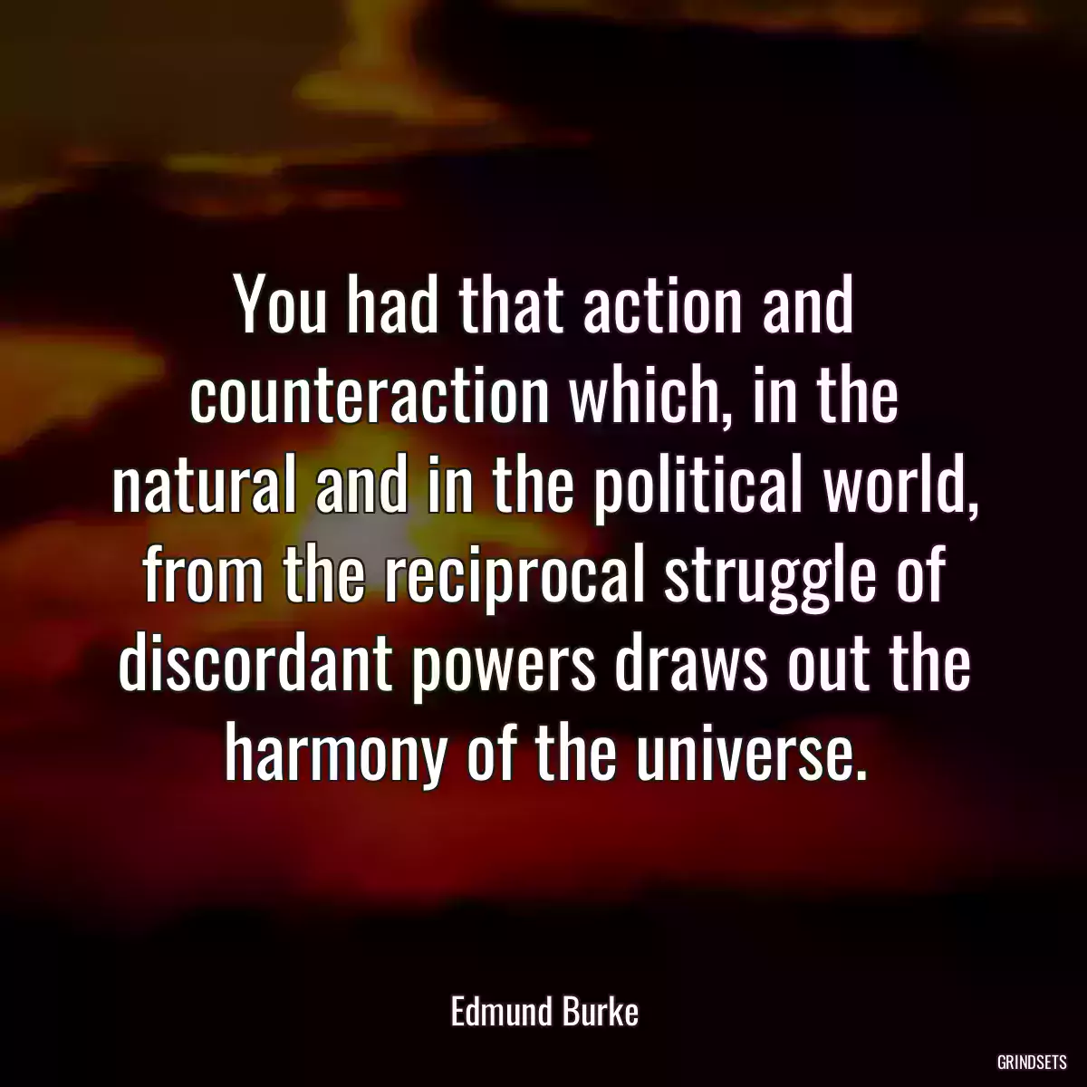 You had that action and counteraction which, in the natural and in the political world, from the reciprocal struggle of discordant powers draws out the harmony of the universe.