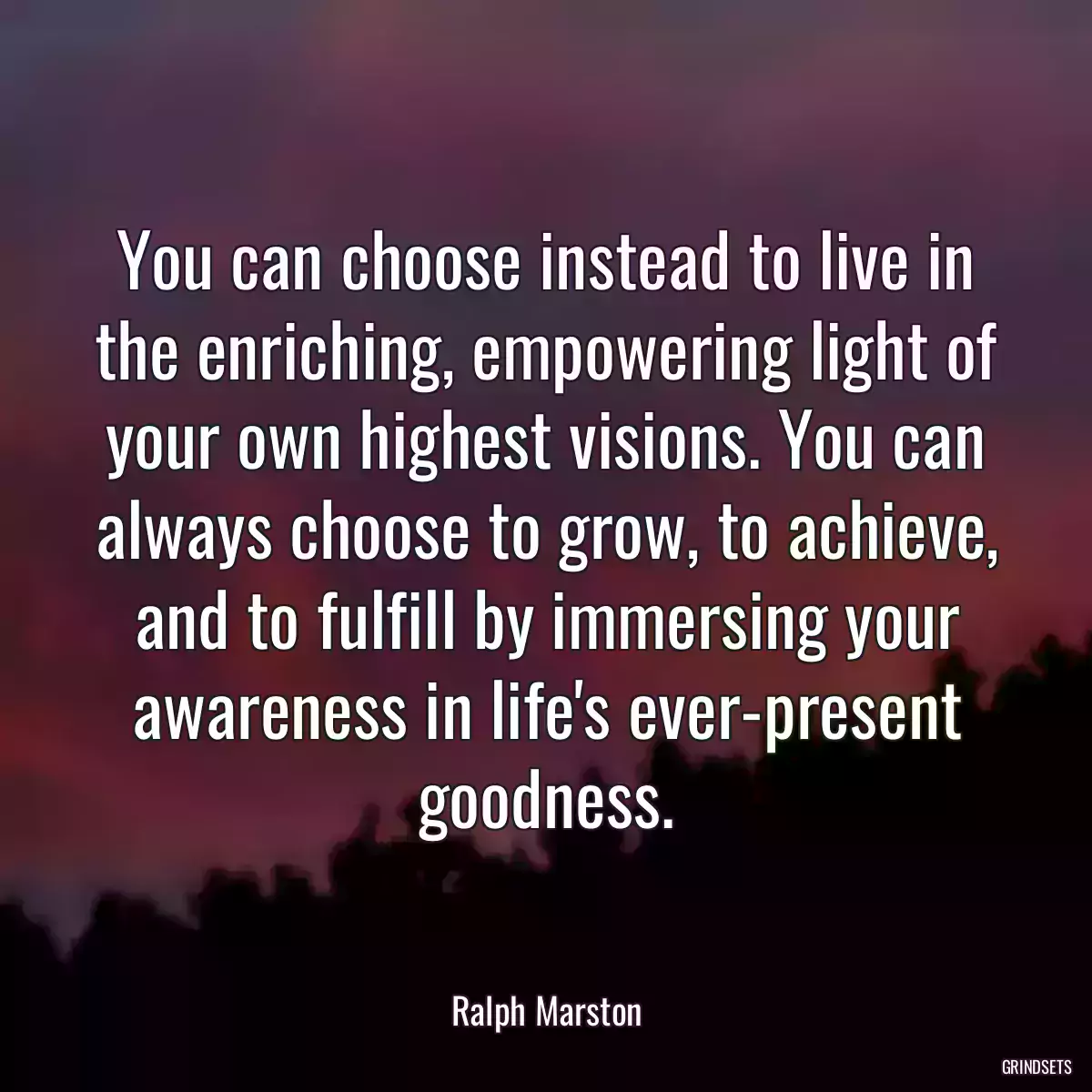 You can choose instead to live in the enriching, empowering light of your own highest visions. You can always choose to grow, to achieve, and to fulfill by immersing your awareness in life\'s ever-present goodness.