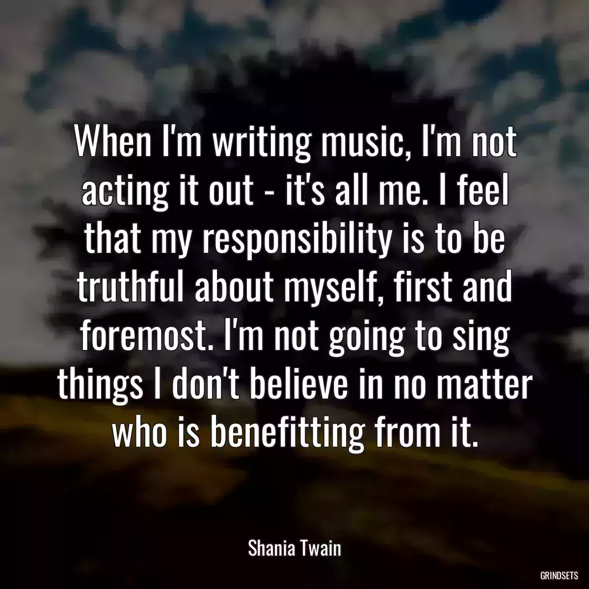 When I\'m writing music, I\'m not acting it out - it\'s all me. I feel that my responsibility is to be truthful about myself, first and foremost. I\'m not going to sing things I don\'t believe in no matter who is benefitting from it.