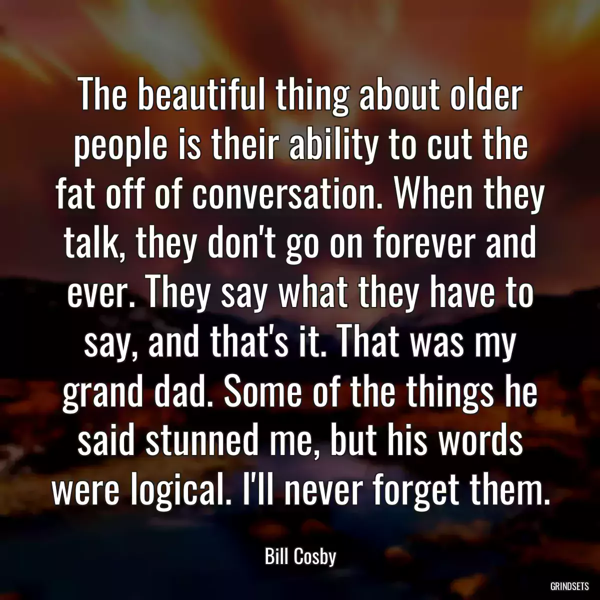 The beautiful thing about older people is their ability to cut the fat off of conversation. When they talk, they don\'t go on forever and ever. They say what they have to say, and that\'s it. That was my grand dad. Some of the things he said stunned me, but his words were logical. I\'ll never forget them.