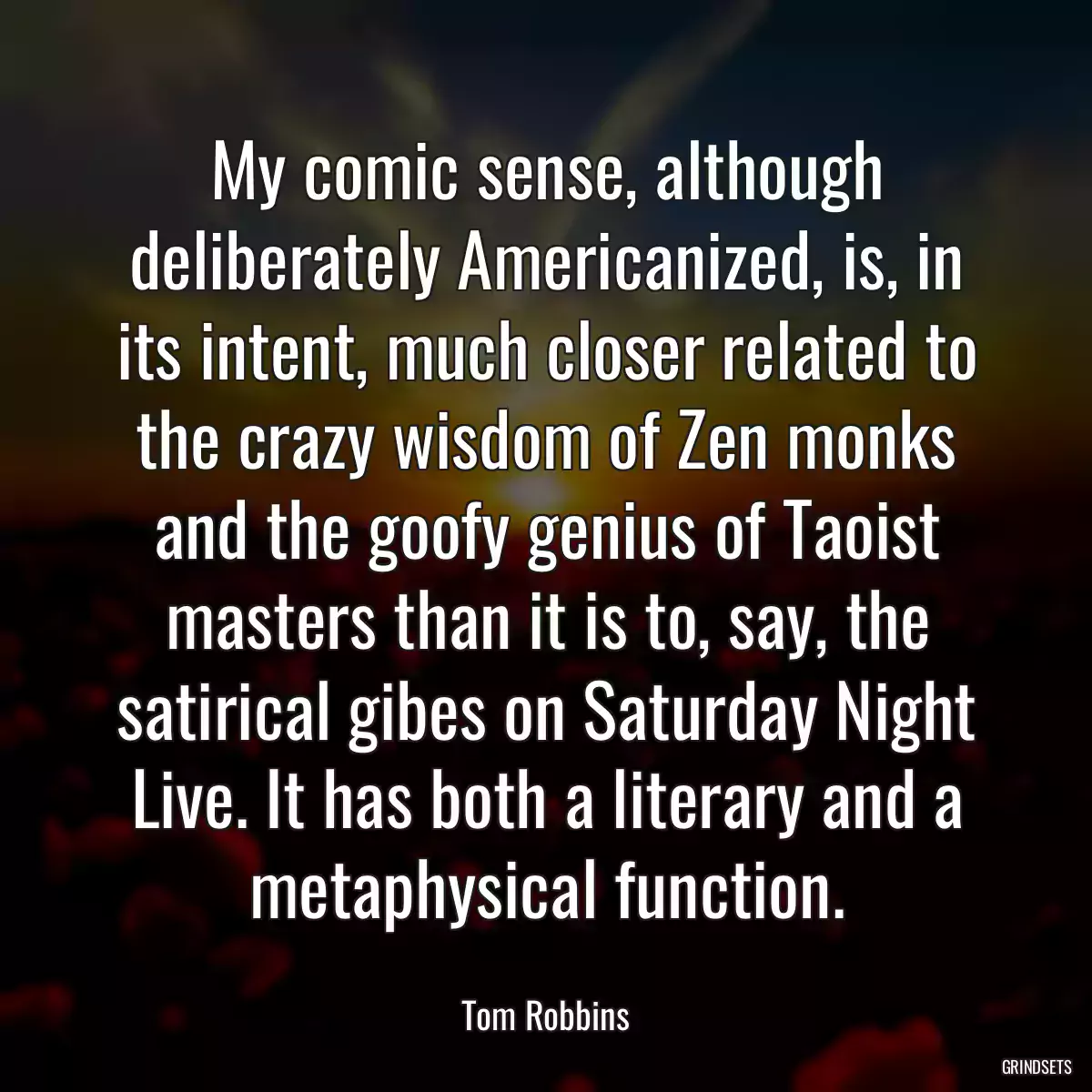 My comic sense, although deliberately Americanized, is, in its intent, much closer related to the crazy wisdom of Zen monks and the goofy genius of Taoist masters than it is to, say, the satirical gibes on Saturday Night Live. It has both a literary and a metaphysical function.