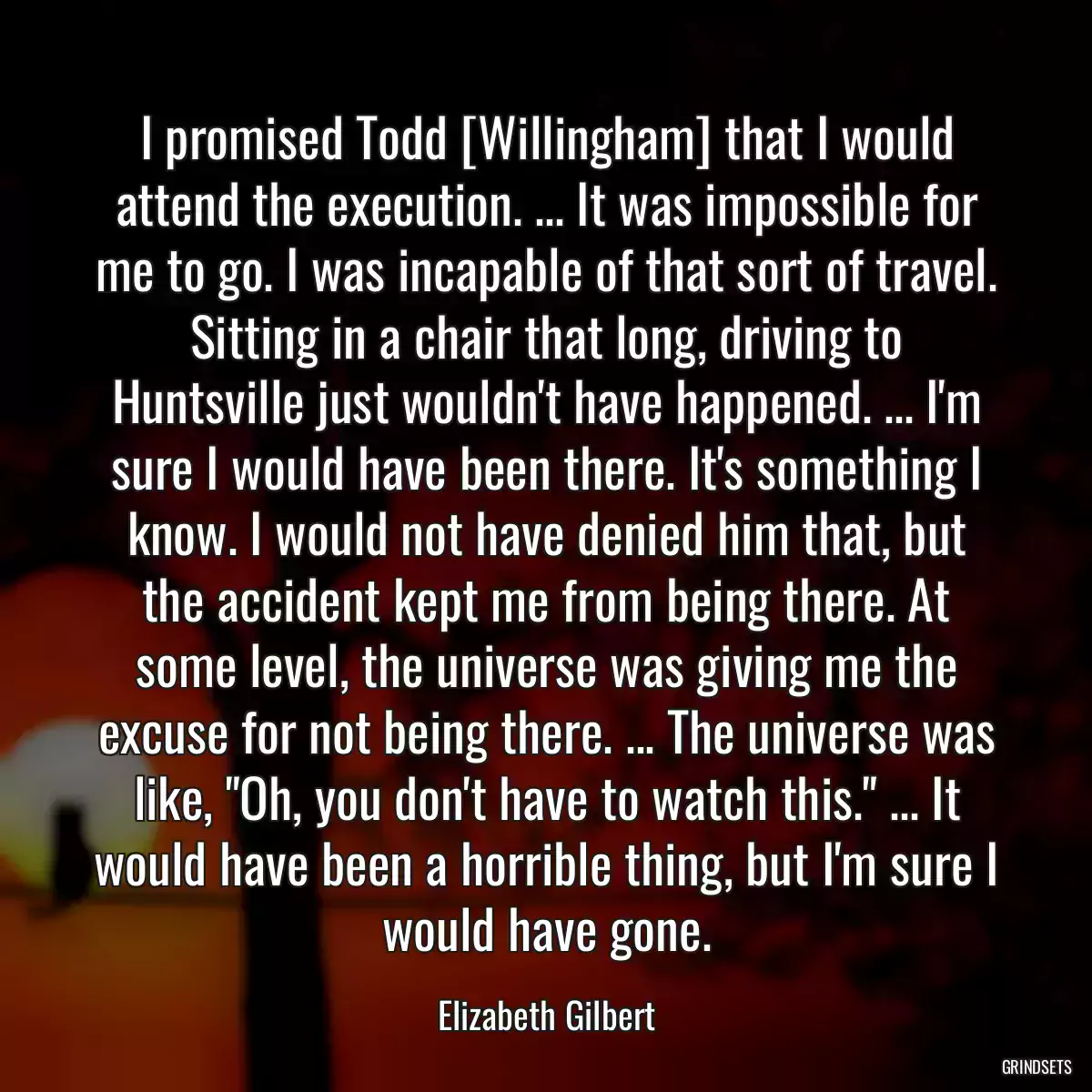 I promised Todd [Willingham] that I would attend the execution. ... It was impossible for me to go. I was incapable of that sort of travel. Sitting in a chair that long, driving to Huntsville just wouldn\'t have happened. ... I\'m sure I would have been there. It\'s something I know. I would not have denied him that, but the accident kept me from being there. At some level, the universe was giving me the excuse for not being there. ... The universe was like, \