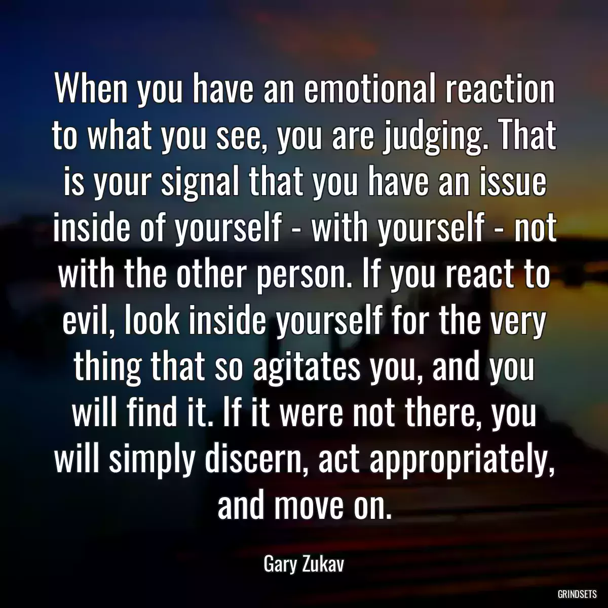 When you have an emotional reaction to what you see, you are judging. That is your signal that you have an issue inside of yourself - with yourself - not with the other person. If you react to evil, look inside yourself for the very thing that so agitates you, and you will find it. If it were not there, you will simply discern, act appropriately, and move on.