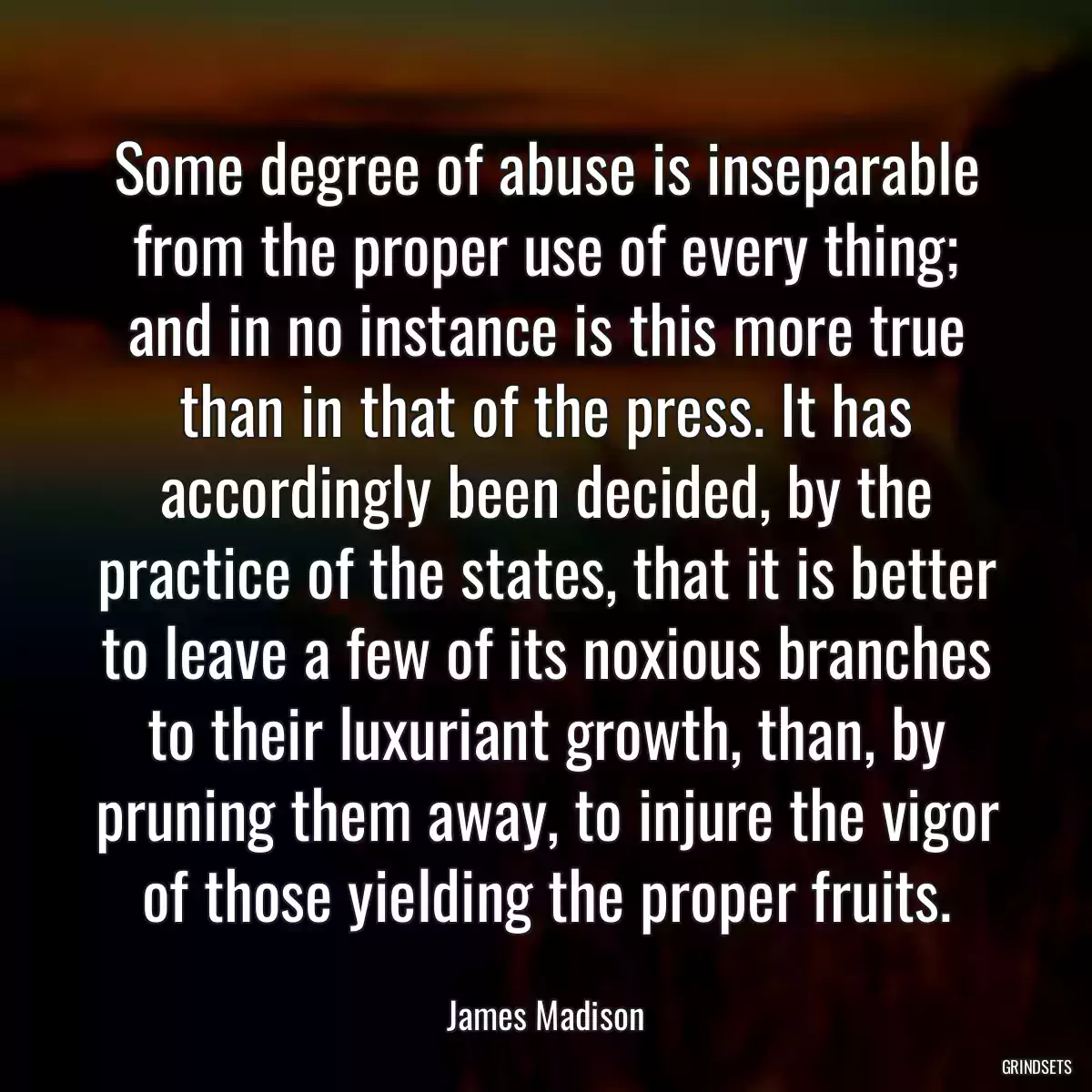 Some degree of abuse is inseparable from the proper use of every thing; and in no instance is this more true than in that of the press. It has accordingly been decided, by the practice of the states, that it is better to leave a few of its noxious branches to their luxuriant growth, than, by pruning them away, to injure the vigor of those yielding the proper fruits.