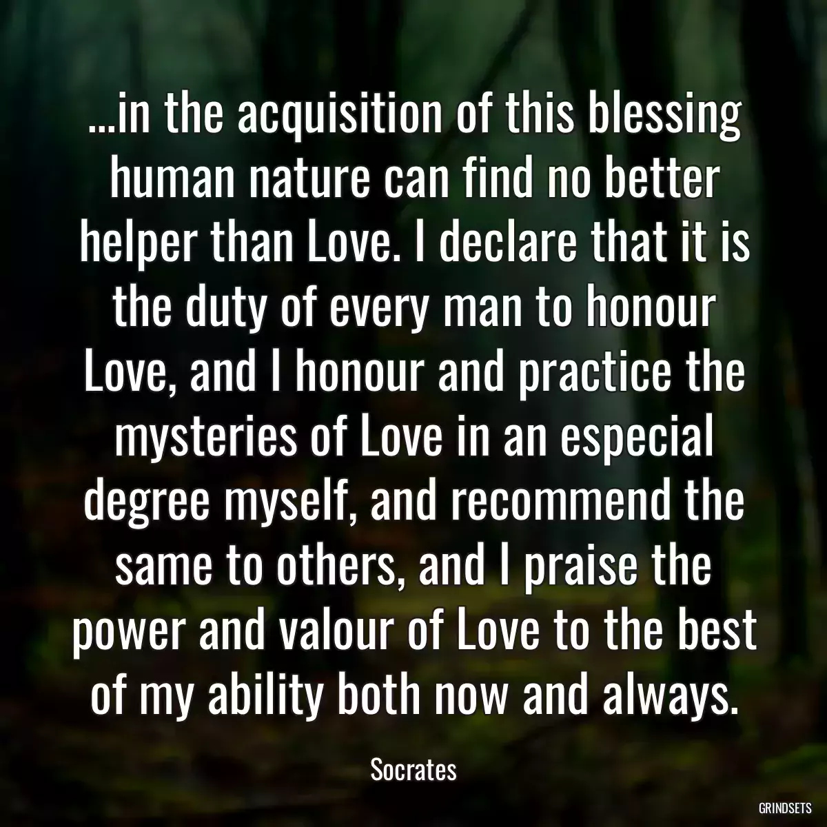 ...in the acquisition of this blessing human nature can find no better helper than Love. I declare that it is the duty of every man to honour Love, and I honour and practice the mysteries of Love in an especial degree myself, and recommend the same to others, and I praise the power and valour of Love to the best of my ability both now and always.