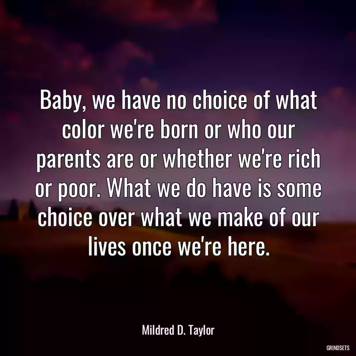 Baby, we have no choice of what color we\'re born or who our parents are or whether we\'re rich or poor. What we do have is some choice over what we make of our lives once we\'re here.