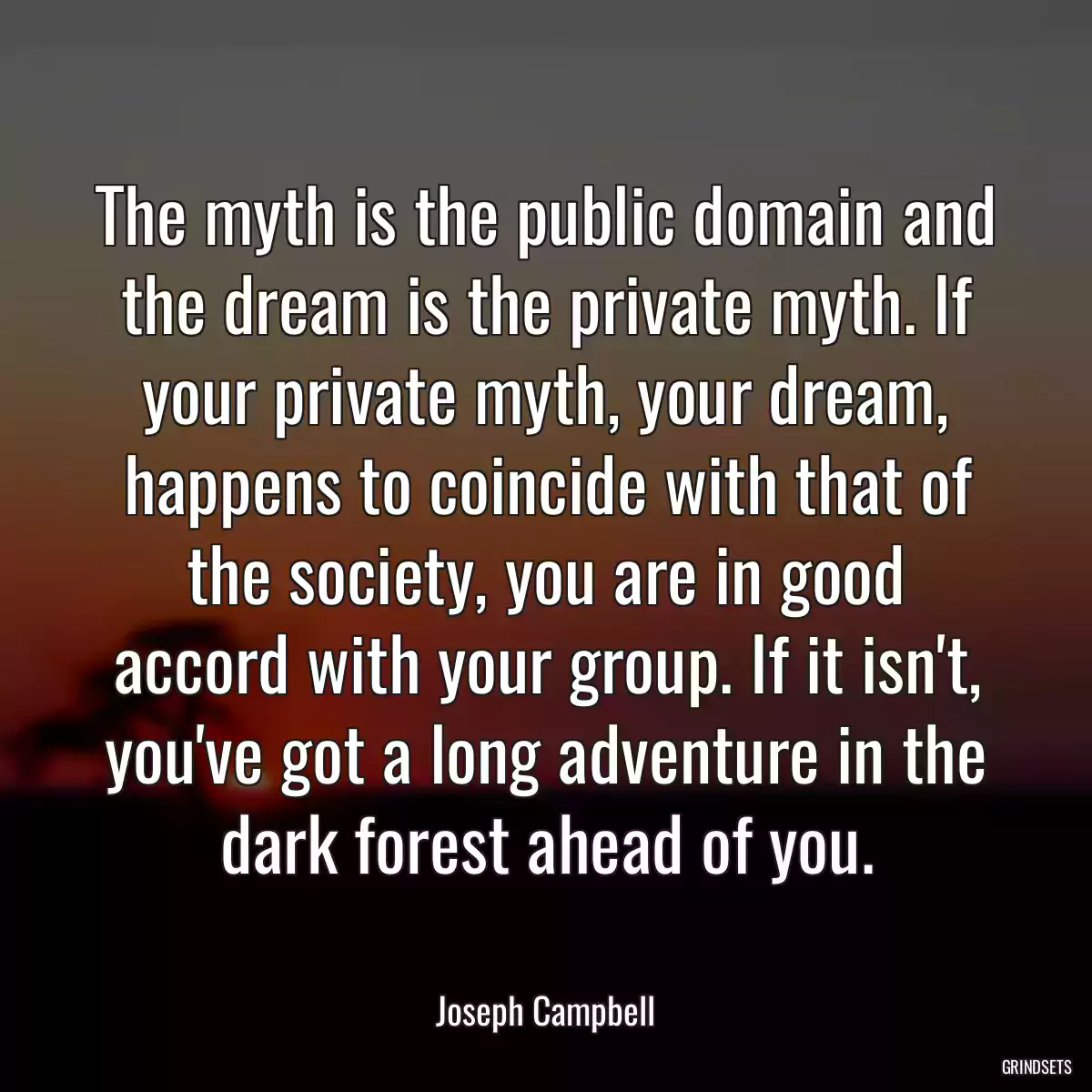 The myth is the public domain and the dream is the private myth. If your private myth, your dream, happens to coincide with that of the society, you are in good accord with your group. If it isn\'t, you\'ve got a long adventure in the dark forest ahead of you.