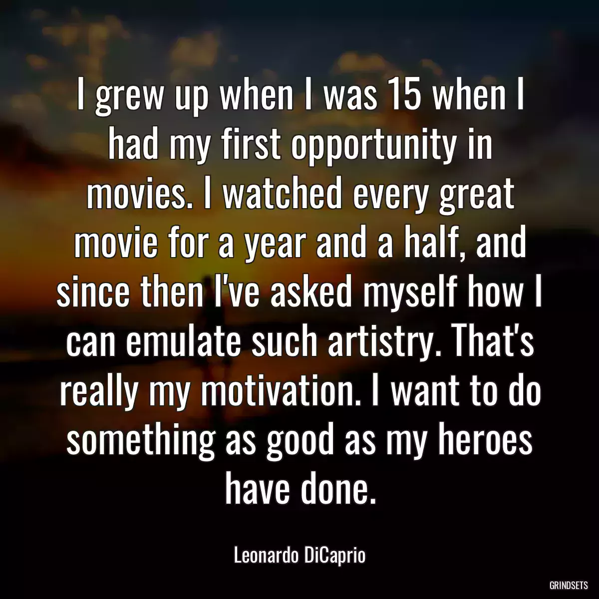 I grew up when I was 15 when I had my first opportunity in movies. I watched every great movie for a year and a half, and since then I\'ve asked myself how I can emulate such artistry. That\'s really my motivation. I want to do something as good as my heroes have done.