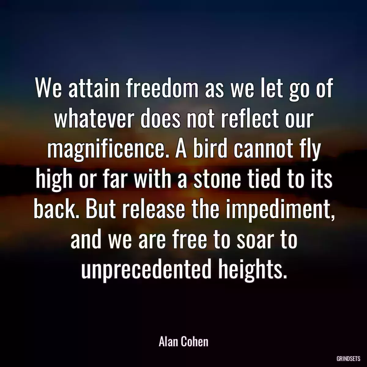 We attain freedom as we let go of whatever does not reflect our magnificence. A bird cannot fly high or far with a stone tied to its back. But release the impediment, and we are free to soar to unprecedented heights.