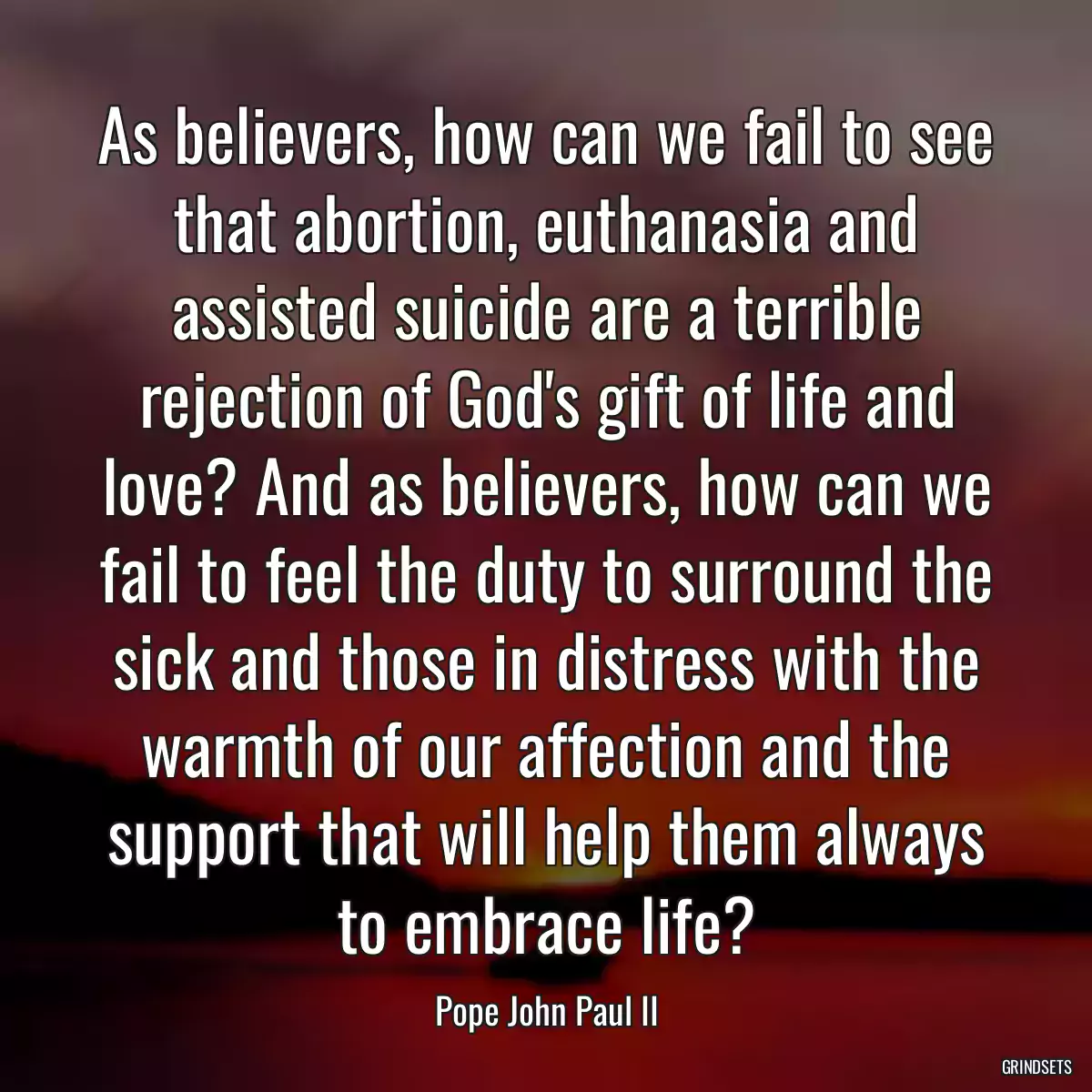 As believers, how can we fail to see that abortion, euthanasia and assisted suicide are a terrible rejection of God\'s gift of life and love? And as believers, how can we fail to feel the duty to surround the sick and those in distress with the warmth of our affection and the support that will help them always to embrace life?