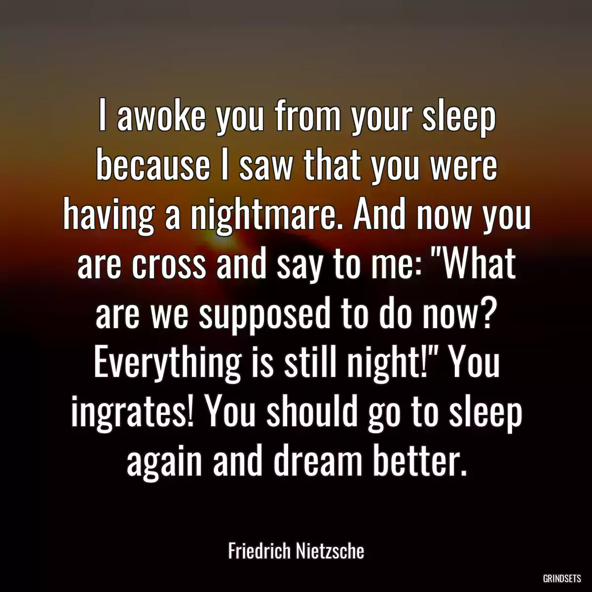 I awoke you from your sleep because I saw that you were having a nightmare. And now you are cross and say to me: \