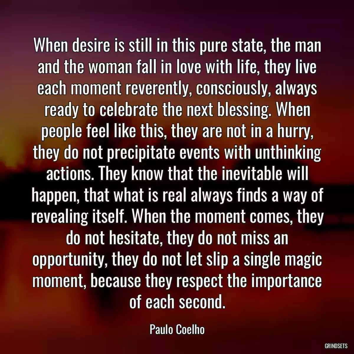 When desire is still in this pure state, the man and the woman fall in love with life, they live each moment reverently, consciously, always ready to celebrate the next blessing. When people feel like this, they are not in a hurry, they do not precipitate events with unthinking actions. They know that the inevitable will happen, that what is real always finds a way of revealing itself. When the moment comes, they do not hesitate, they do not miss an opportunity, they do not let slip a single magic moment, because they respect the importance of each second.