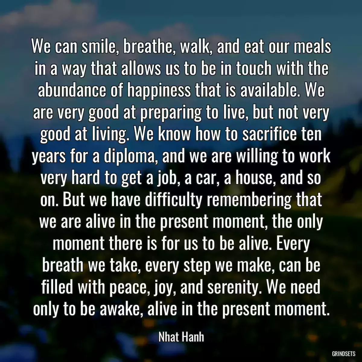 We can smile, breathe, walk, and eat our meals in a way that allows us to be in touch with the abundance of happiness that is available. We are very good at preparing to live, but not very good at living. We know how to sacrifice ten years for a diploma, and we are willing to work very hard to get a job, a car, a house, and so on. But we have difficulty remembering that we are alive in the present moment, the only moment there is for us to be alive. Every breath we take, every step we make, can be filled with peace, joy, and serenity. We need only to be awake, alive in the present moment.