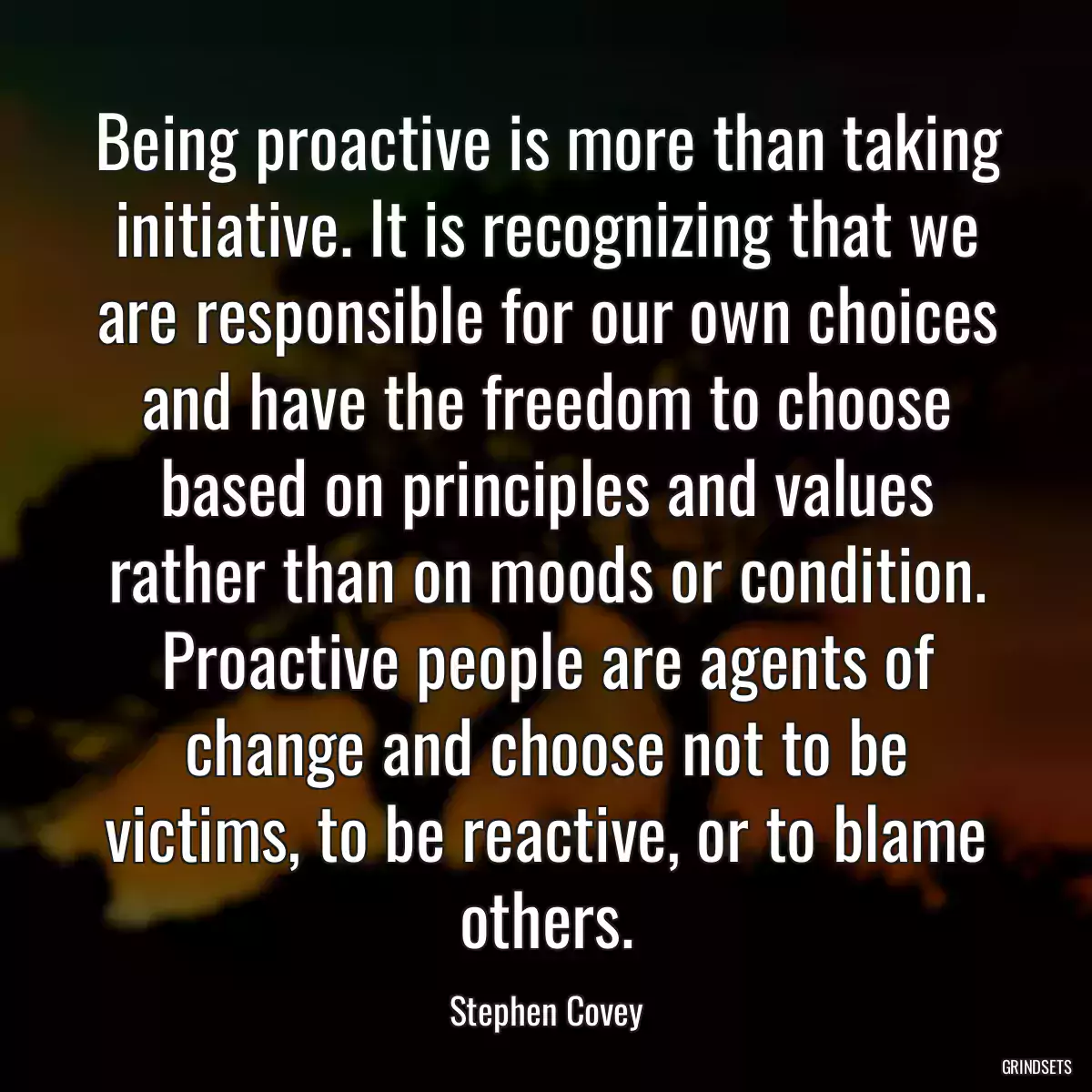 Being proactive is more than taking initiative. It is recognizing that we are responsible for our own choices and have the freedom to choose based on principles and values rather than on moods or condition. Proactive people are agents of change and choose not to be victims, to be reactive, or to blame others.