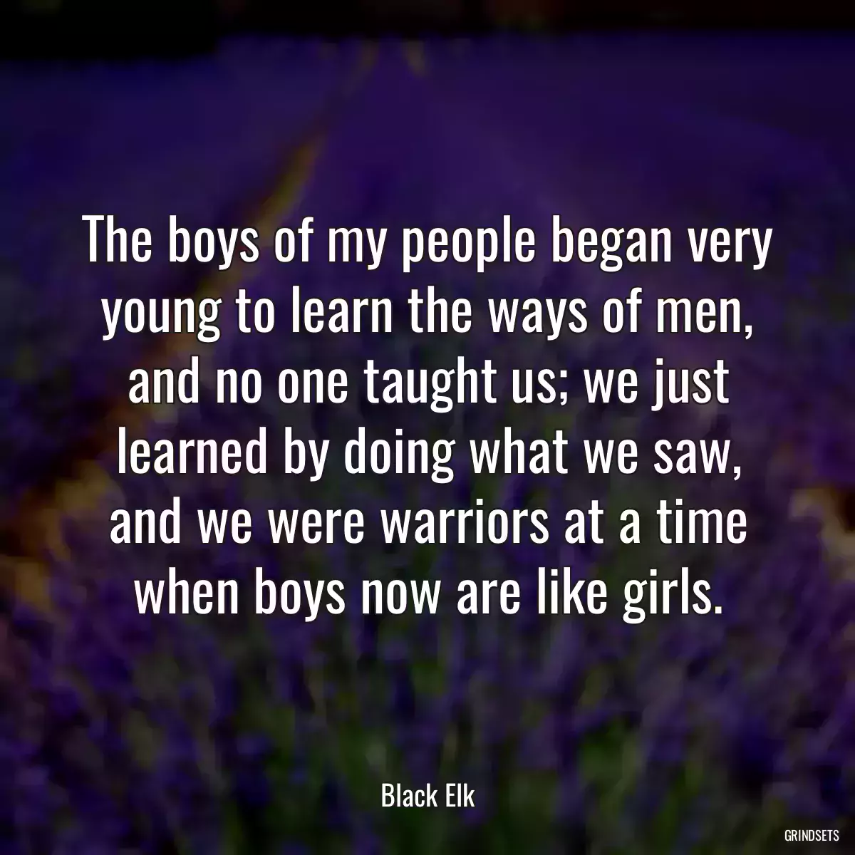 The boys of my people began very young to learn the ways of men, and no one taught us; we just learned by doing what we saw, and we were warriors at a time when boys now are like girls.