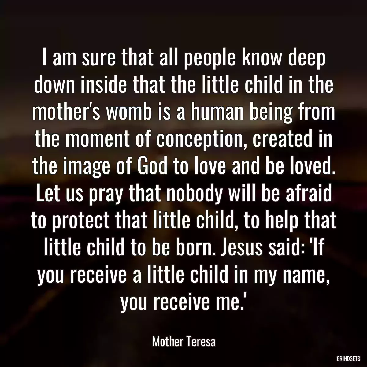 I am sure that all people know deep down inside that the little child in the mother\'s womb is a human being from the moment of conception, created in the image of God to love and be loved. Let us pray that nobody will be afraid to protect that little child, to help that little child to be born. Jesus said: \'If you receive a little child in my name, you receive me.\'