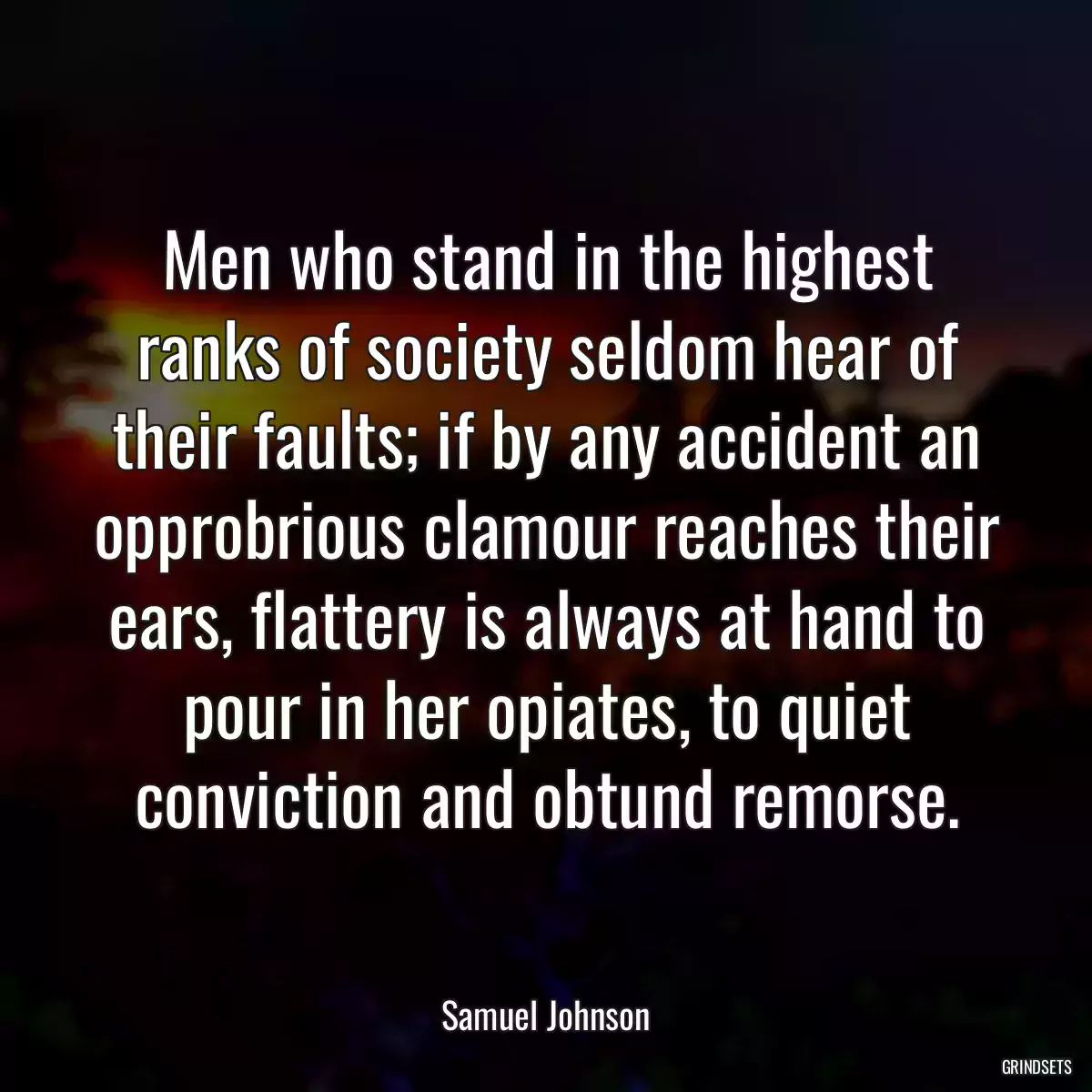 Men who stand in the highest ranks of society seldom hear of their faults; if by any accident an opprobrious clamour reaches their ears, flattery is always at hand to pour in her opiates, to quiet conviction and obtund remorse.