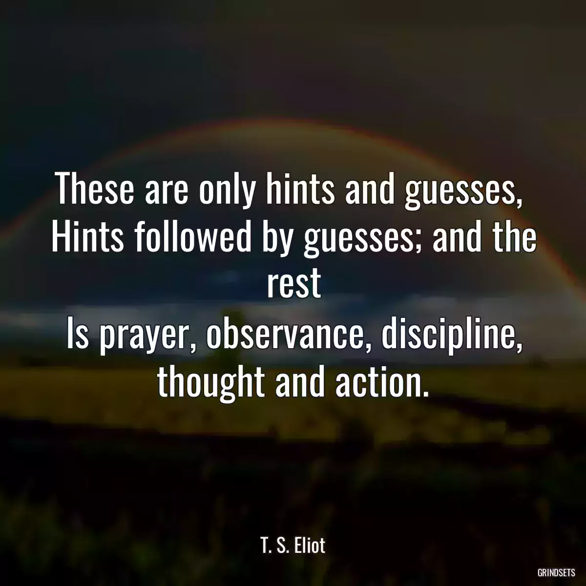 These are only hints and guesses, 
Hints followed by guesses; and the rest
Is prayer, observance, discipline, thought and action.