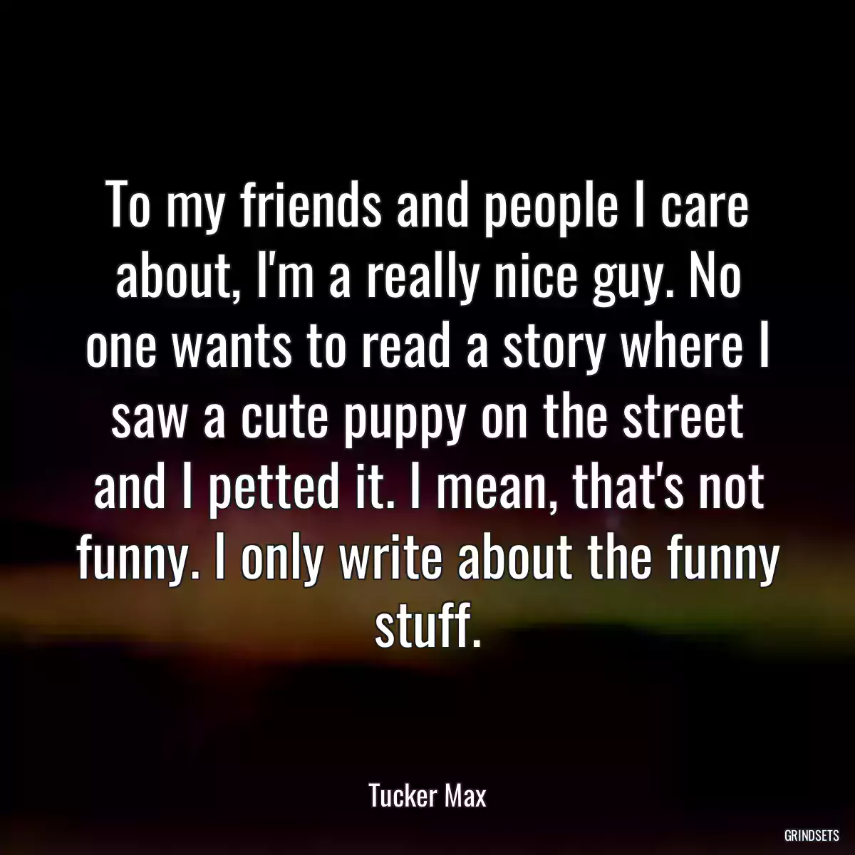 To my friends and people I care about, I\'m a really nice guy. No one wants to read a story where I saw a cute puppy on the street and I petted it. I mean, that\'s not funny. I only write about the funny stuff.