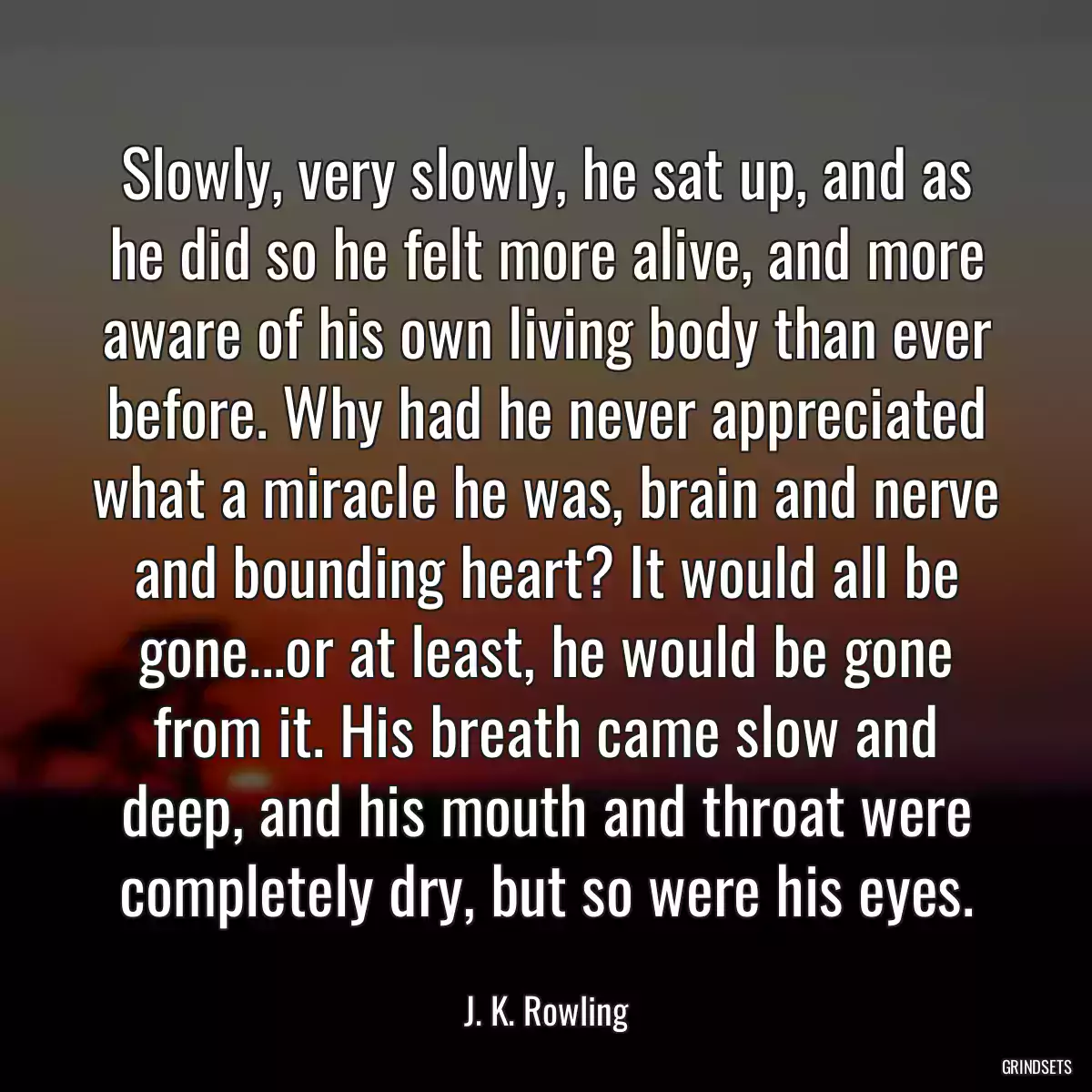 Slowly, very slowly, he sat up, and as he did so he felt more alive, and more aware of his own living body than ever before. Why had he never appreciated what a miracle he was, brain and nerve and bounding heart? It would all be gone...or at least, he would be gone from it. His breath came slow and deep, and his mouth and throat were completely dry, but so were his eyes.