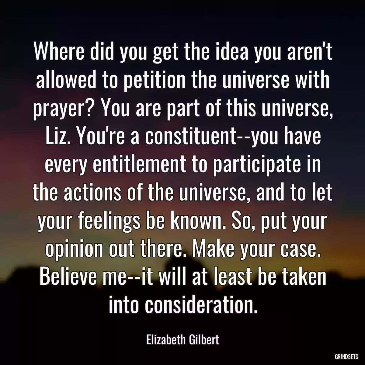 Where did you get the idea you aren\'t allowed to petition the universe with prayer? You are part of this universe, Liz. You\'re a constituent--you have every entitlement to participate in the actions of the universe, and to let your feelings be known. So, put your opinion out there. Make your case. Believe me--it will at least be taken into consideration.